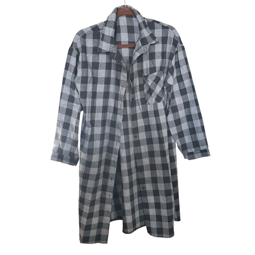 Buffalo Plaid Flannel Shacket Button Down Longline Tunic - Gray/Black L